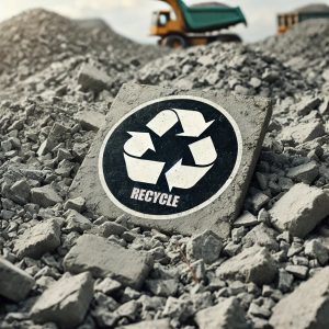 Recycled materials, such as concrete is obtained by crushing old concrete and is used in new concrete mixes.