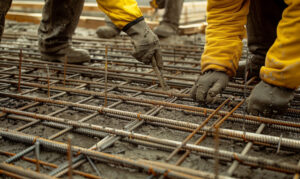 Workers using specialized tools and equipment to position rebar rods according to precise engineering specifications
