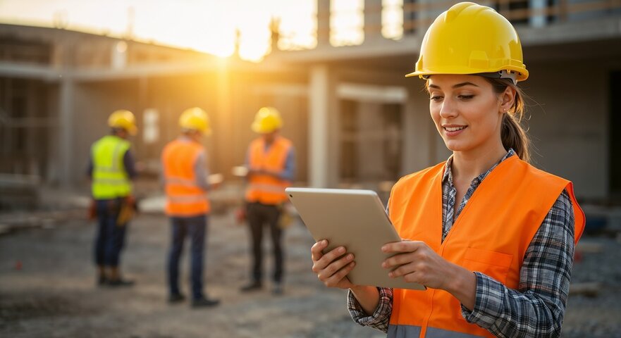 Female construction engineer holding a tablet at a construction site, representing the integration of digital tools in fieldwork.