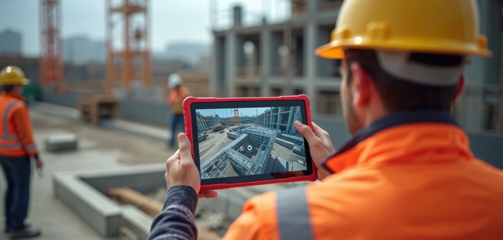 Construction professional reviewing a BIM model on a tablet at an active construction site.